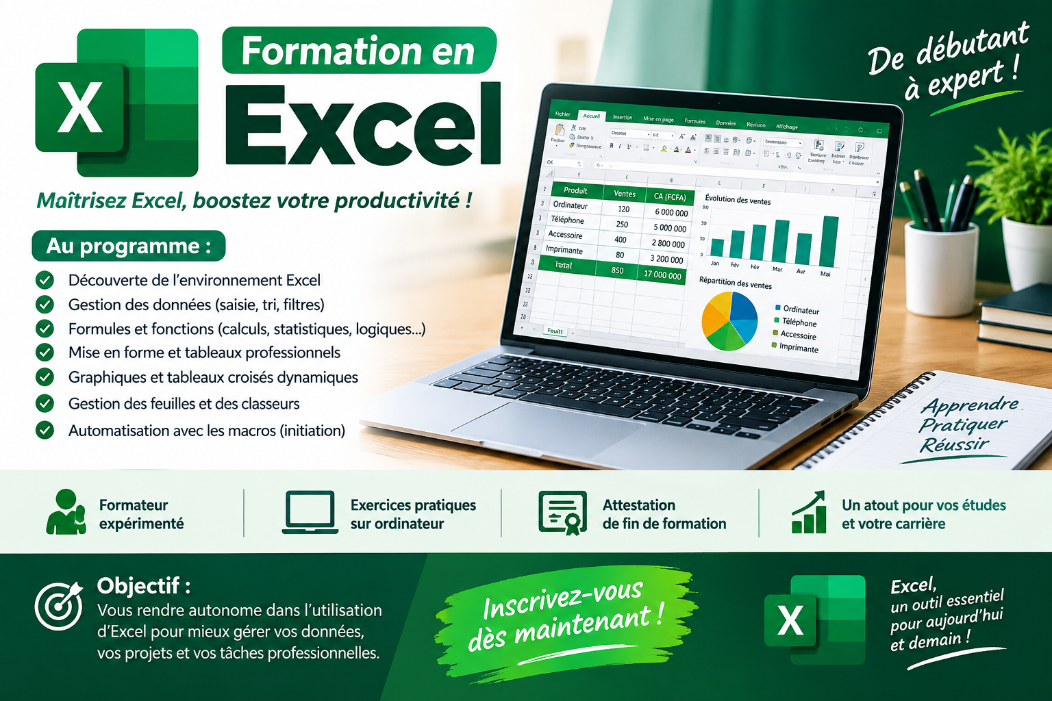 Apprendre Excel niveau débutant 